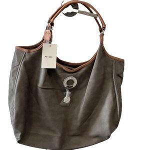 Women's Soft Supple Faux Leather Embellished Large Shoulder Bag/Purse Gray/Tan